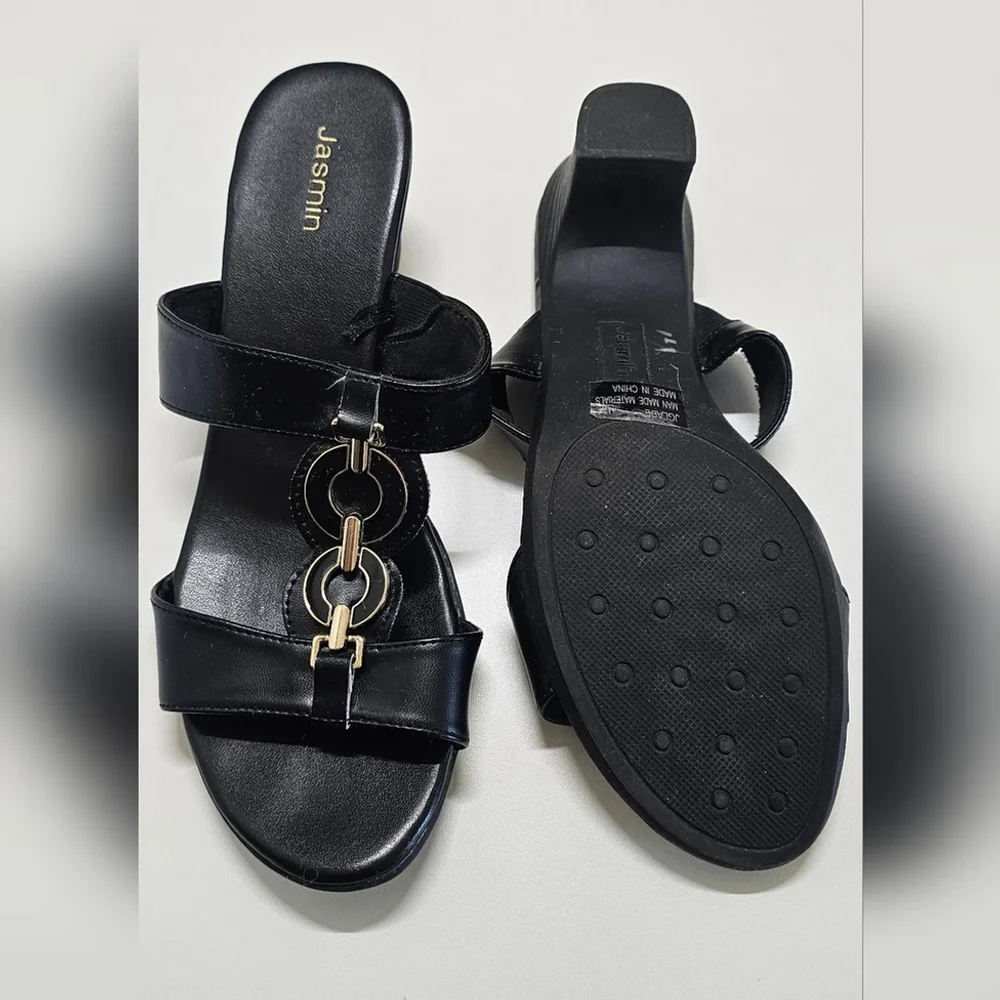 Jasmin Black Sandals with Gold Details Size 10; 2.5 In Heel